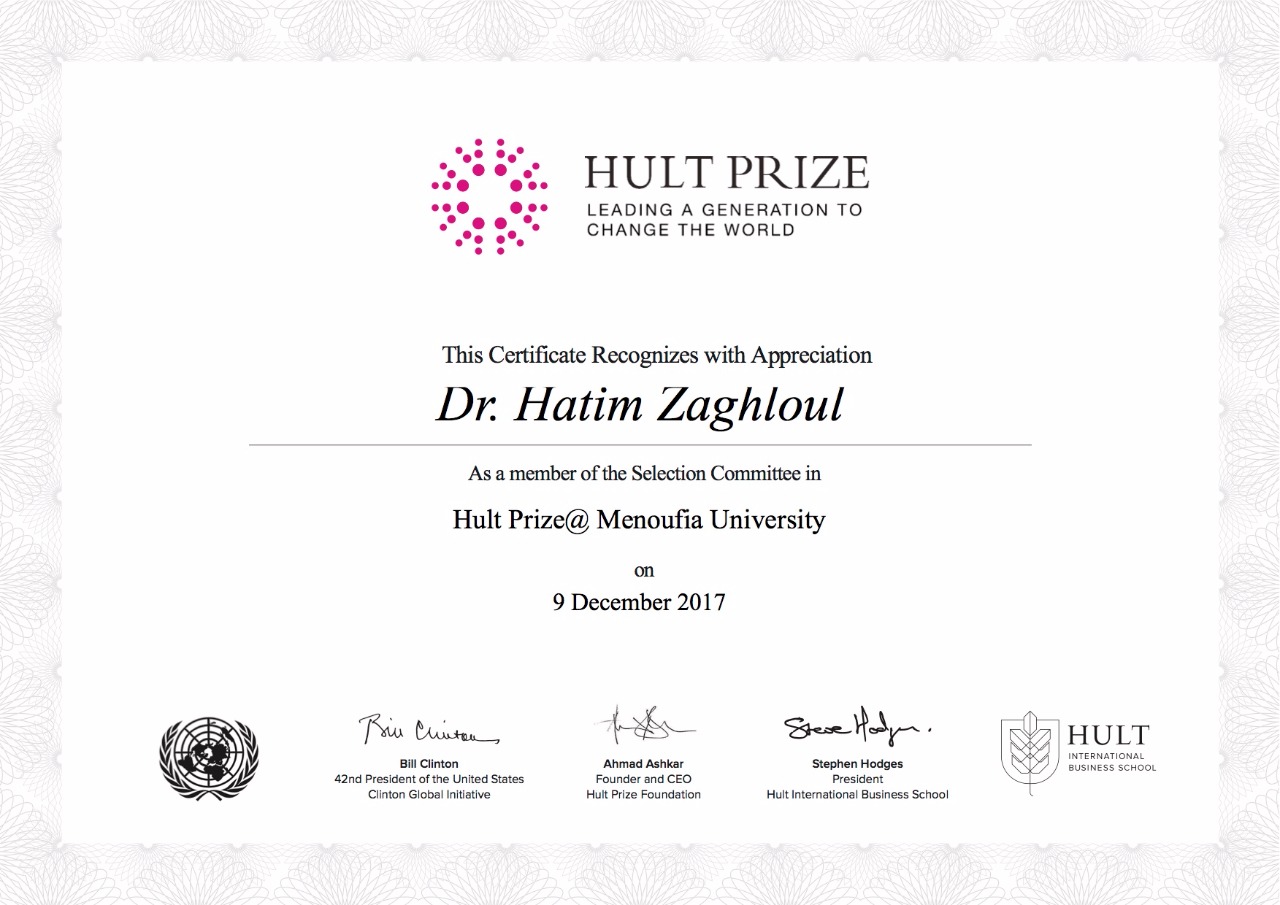 Certificate for Dr.Hatim Zaghloul from HULT PRIZE@Menoufia